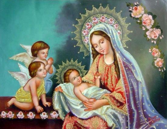 Image pieuse Marie, Enfant-Jésus et anges