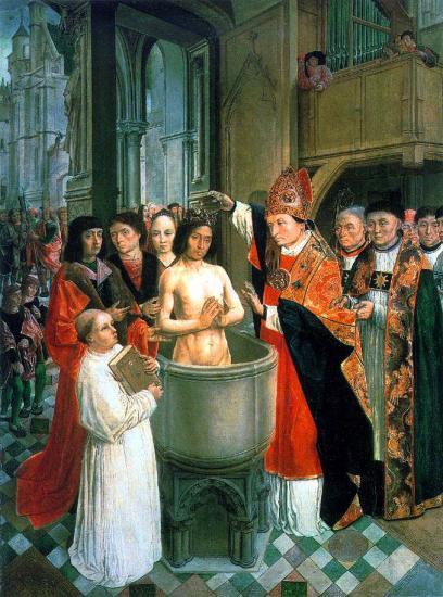 Baptême de Clovis après sa conversion en 496 grâce à son épouse Sainte-Clotilde