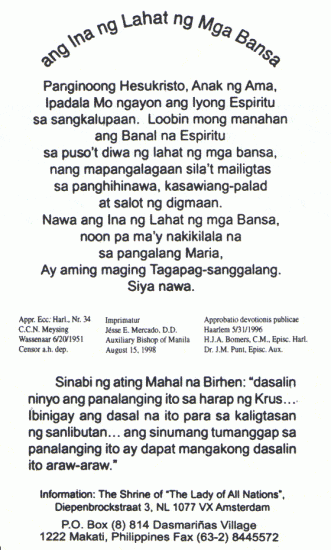 Prière à la Dame de tous les Peuples en Tagalog (Philippines)