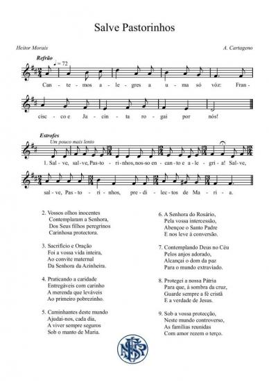 Partitura cântico de Fátima Salve Pastorinhos (A. Cartageno)